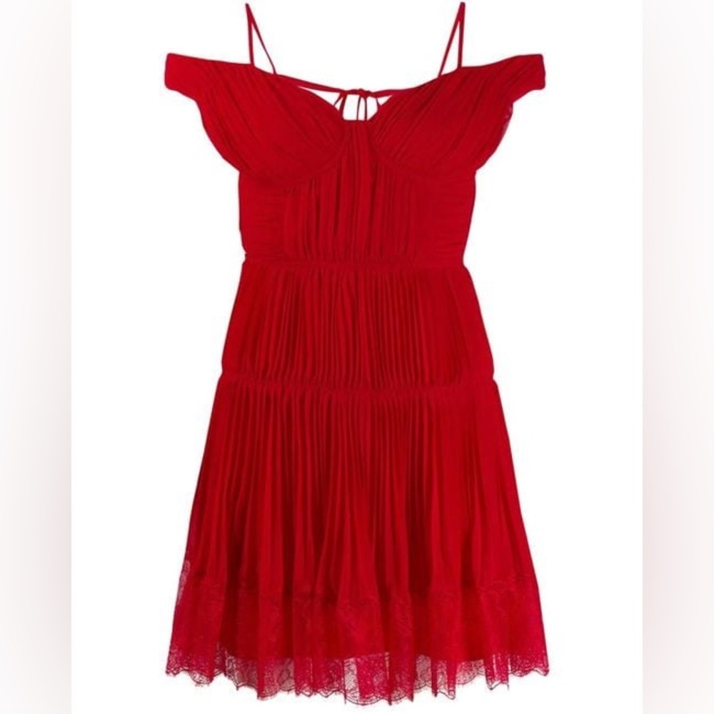 Self-Portrait Dark Red Pleated Lace Trim Mini Dress NWT UK 6